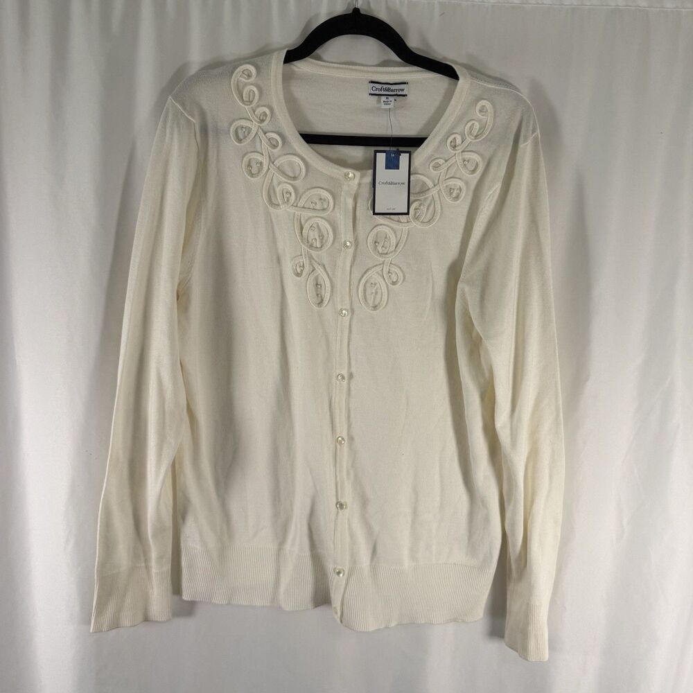 New Croft Barrow Cardigan Women's XL Ivory Button Front Pima Cotton Long Sleeve